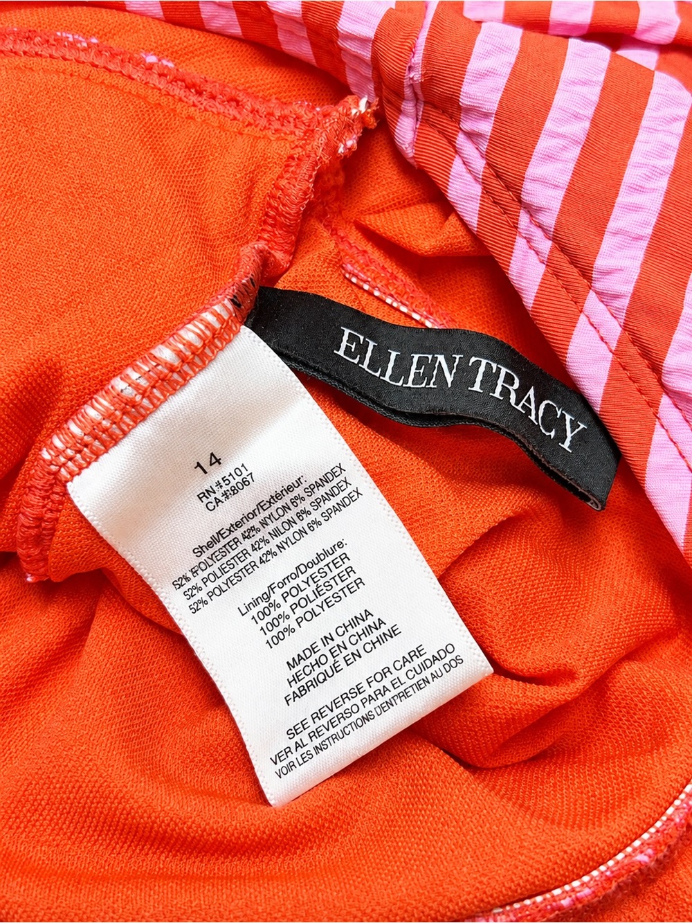 Ellen Tracy Women’s Size 14 Orange Pink Striped Ruffle One Piece Swimsuit - Picture 3 of 5